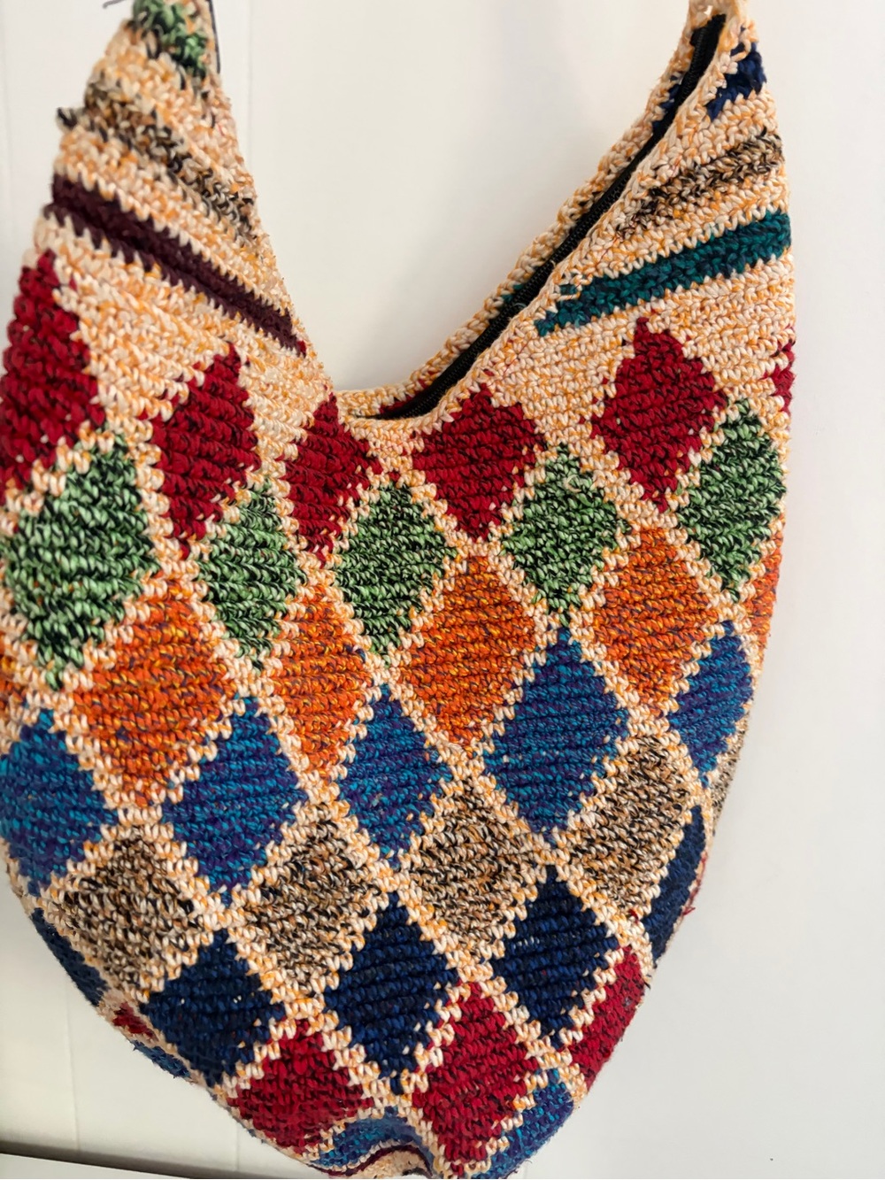 SLOUCHY CROCHET SHOULDER BAG Handwoven Multicolor Diamond Pattern Hobo